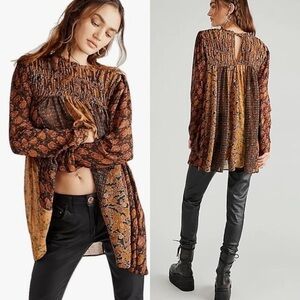 Free People Merrie Mix Tunic Top Small Boho‎ Oversized Brown Long Sleeve